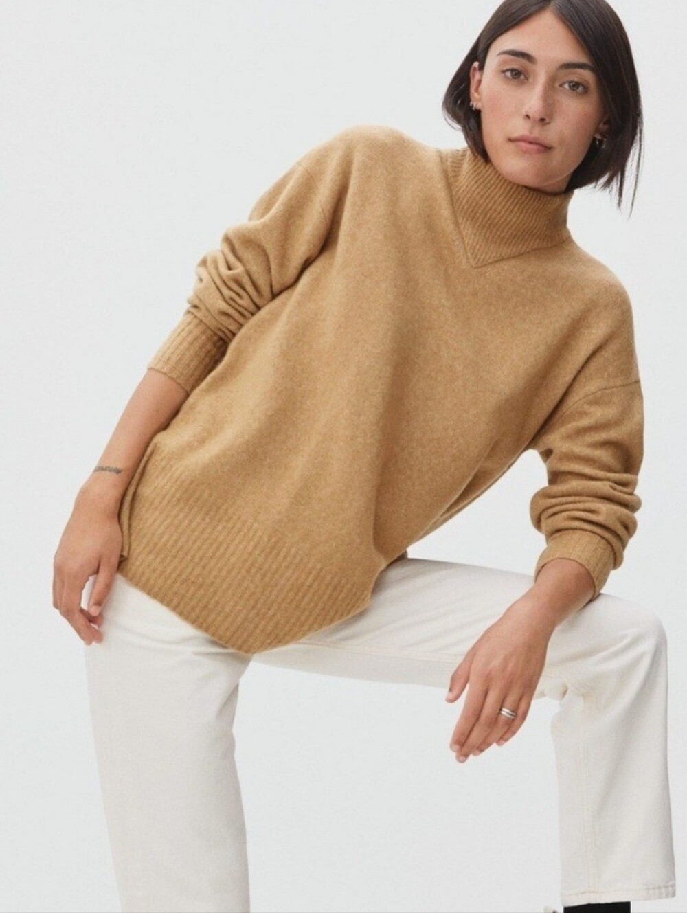 EVERLANE WOOL-YAK MOCK NECK SWEATER CAMEL BROWN SMALL OVERSIZED RELAXED FIT